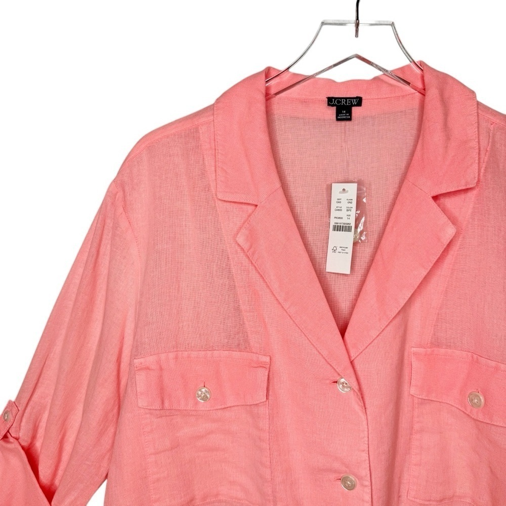 J.Crew Brilliant Peony Pink Linen Blend Utility Camp Shirt Size Sz 14 - Picture 3 of 11